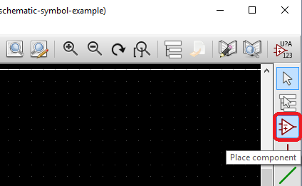Screenshot highlighting the 'Place component' button in the right toolbar of Eeschema. It is the third button from the top